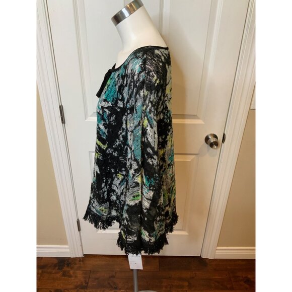 Alberto Makali Black, Blue & Yellow Knit Poncho Fringe Trim, NWT! Size Large - Picture 3 of 5
